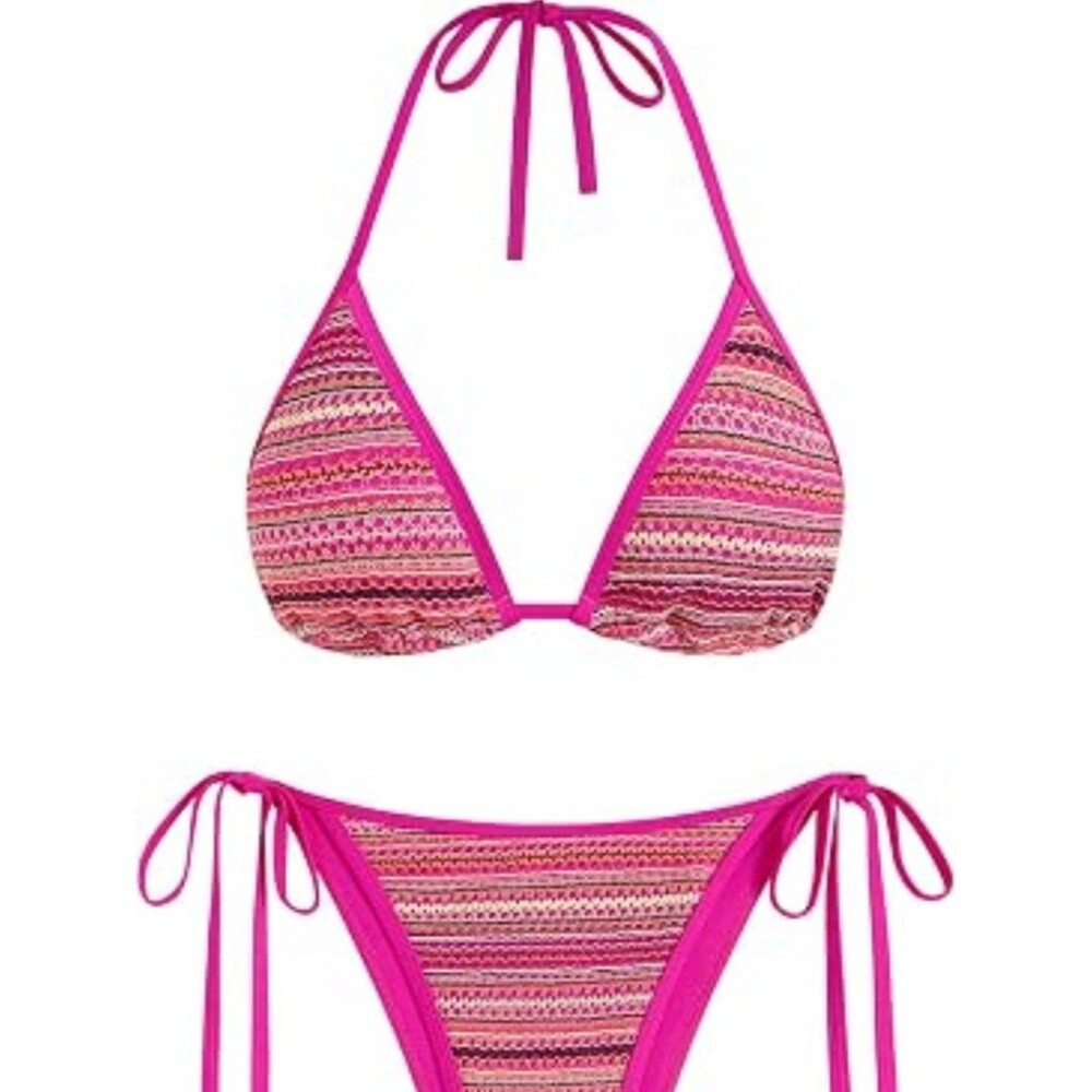 ZAFUL Women Textured  Bikini 2 Piece Swimwear Cheeky Solid Lace up S